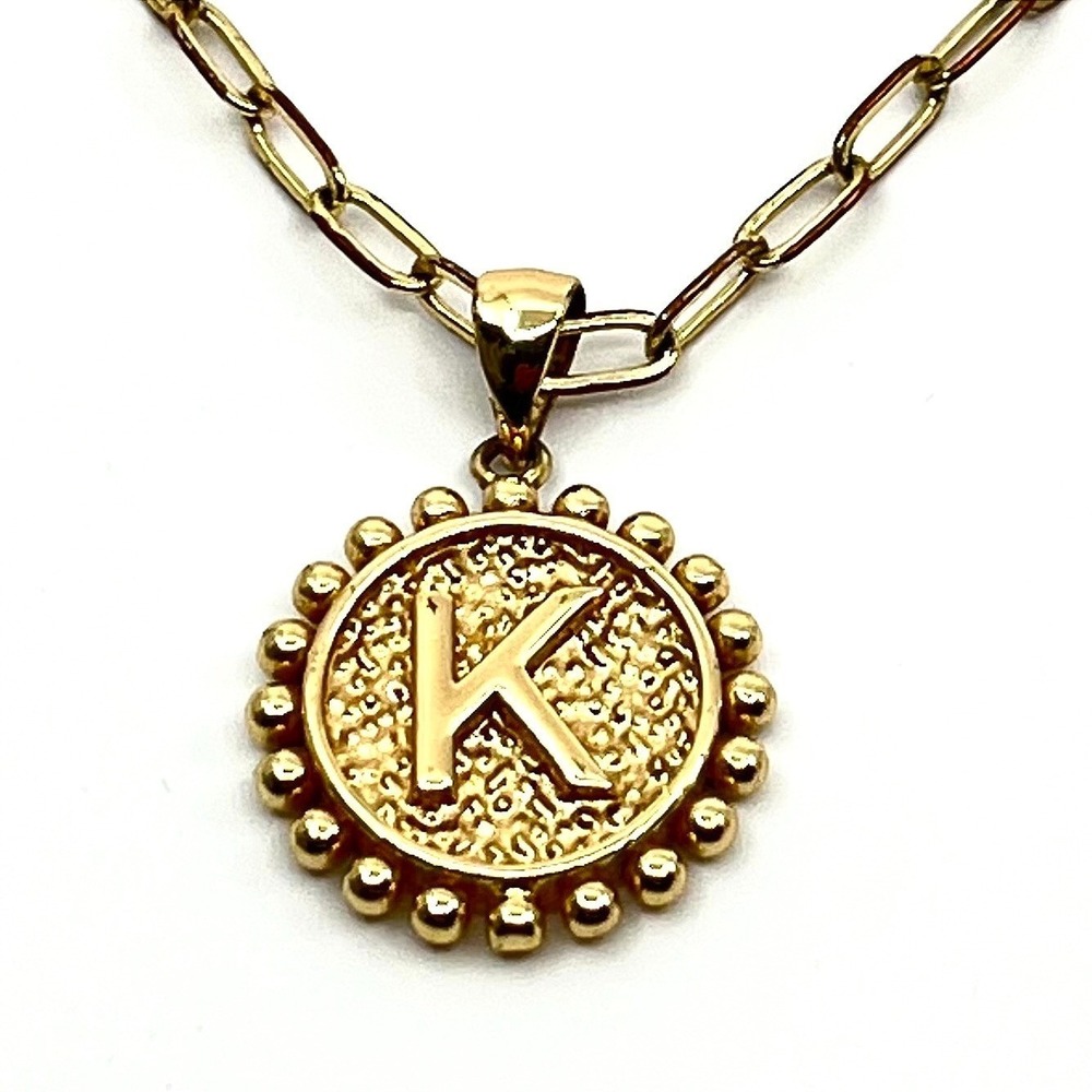 Vintage Gold Tone Initial K Medallion Paperclip Chain Pendant Necklace Lobster